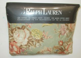 Rare Ralph Lauren Charlotte Queen Fitted Sheet Gorgeous Green Floral