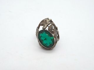 Vintage Sterling Silver Serpent Dragon Green Gemstone Ring,  Size 5.  75