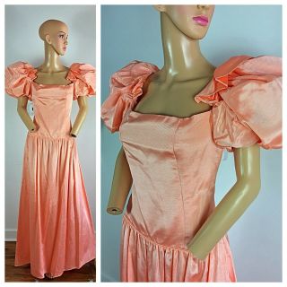 Vtg 80s Party Prom Puff Shoulder Peach Debutante Princess Southern Belle Dress L