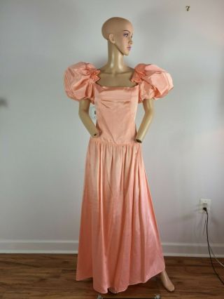 Vtg 80s Party Prom Puff Shoulder Peach Debutante Princess Southern Belle Dress L 6