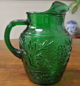 Vtg Anchor Hocking Forest Green Sandwich Glass 37 Oz Ice Lipped Juice Pitcher