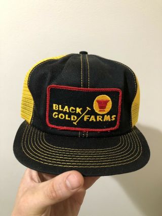Vintage 70s 80s Black Gold Farms Patch Mesh Snapback Trucker Hat Cap Made In Usa