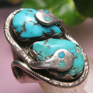 Vintage 50s Effie Calavaza Zuni Mens Turquoise Sterling Silver Snake Ring 26.  5g