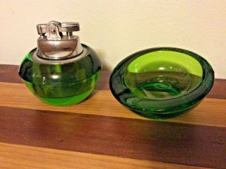 Vtg Mid Century Viking Green Glass Ashtray & Lighter Retro Modern Space Orb Set