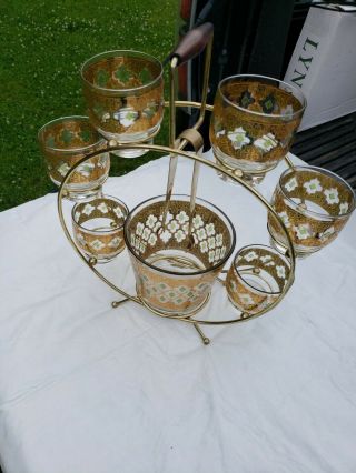 Set Vtg Mid Century Culver Valencia Tumbler Glasswear Bar Set Carrier 22kt Gold