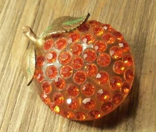 Rare Vintage Lucite & Orange Set Rhinestone Fruit Apple Brooch Pin Jewelry