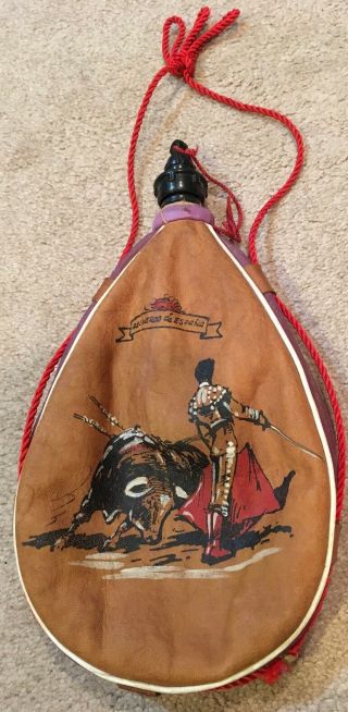 Vintage Leather Bota Bag Canteen Matador Bull Fighter Recuerdo Deespana Pascual