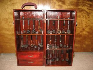Vintage Tobacco Smoking Pipe Case For 23 Pipes With Two Drawers For Accessories