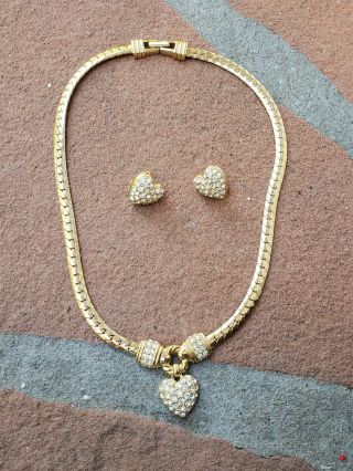 Vintage Authentic Swarovski Swan Signed Crystal Heart Necklace & Earrings Set Nr