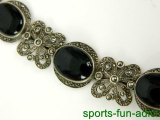 Vintage Tn Designer Black Onyx & Marcasite Sterling Silver Ornate Link Bracelet