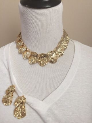 Vintage Egyptian Revival Hammered Gold Leaf Linked Collar Necklace Earrings Set