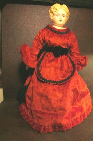 Vintage Bisque Head Linen Cloth & Porcelain Victorian Doll Red Velvet Dress 22 "
