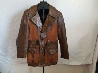 Vintage Grais Size 38 Medium 1970s Two Tone Leather Button Down Jacket With Belt