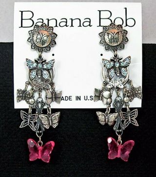 Banana Bob Vtg Blue Crystal Butterfly Silver Ox Coral Lucite Dangle Earrings P