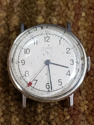 Vintage Elgin Steel Military Ww2 Era Sweep Second 3x Signed Mans Wristwatch