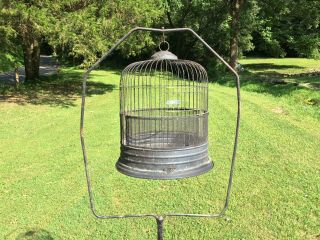 Antique VTG Victorian Leon Bird Cage w/ Stand & Ornate Cast Iron Metal Base 2