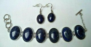 Stunning Vintage Estate Blue Stone 1.  5 " Pierced Earring 8 " Bracelet Set 2367z