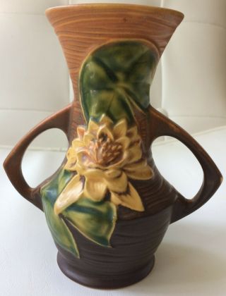 Vintage Roseville Pottery Brown Water Lily Vase Model 73 - 6
