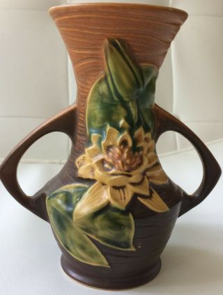 Vintage Roseville Pottery Brown Water Lily Vase Model 73 - 6 4