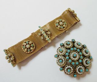 Vintage Faux Turquoise Pearl Mesh Bracelet Brooch Set