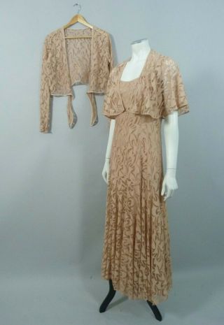 Vintage 1930s Art Deco Lace Evening Dress With Cape And Jacket - Uk 8 / 10