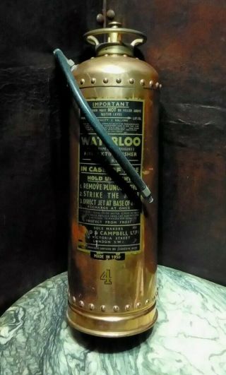 Empty Vintage Antique Copper And Brass Fire Extinguisher.  Waterloo.  Lamp Base.
