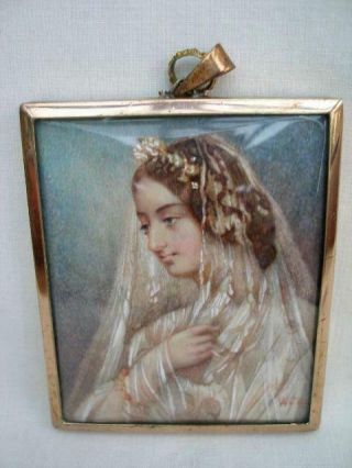 Vintage Hand Painted Signed Portrait Miniature Of A Veiled Lady.