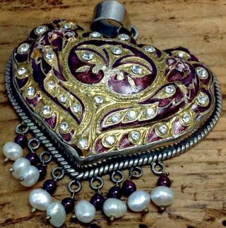 Vintage Enameled Sterling Silver Garnet & Pearl Heart Pendant 25.  9g.  (e42)