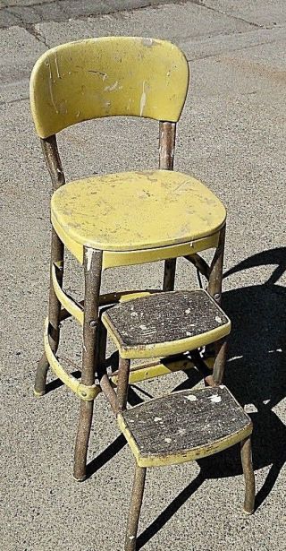 1950s 60s Vintage Cosco Folding Step Stool Kitchen Yellow Patina Rustic