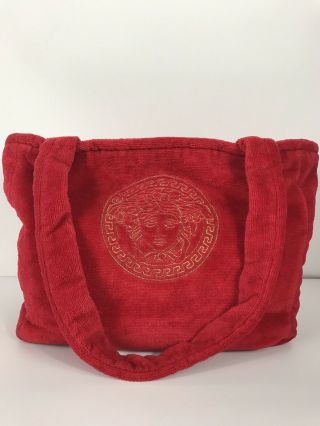 Rare Vtg Gianni Versace Red Gold Medusa 90s Terry Cloth Tote Bag