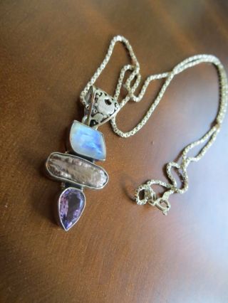 Vintage Artisan 925 Sterling Moonstone/ Biwa Pearl/amethyst Pendant Necklace
