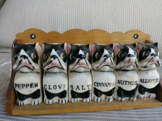 Vintage Boston Terrier Bulldog Spice Shaker Set.  With Wood Shelf.  Made In Japan.