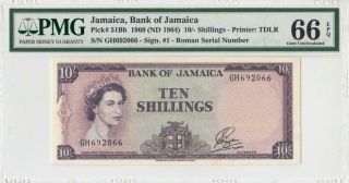 1960 British Colony Jamaica 10 Shillings Qeii 10/ - X - Rare ( (pmg 66 Epq))