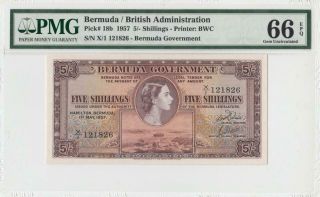 1957 British Colony Bermuda 5 Shillings Qeii Rare ( (pmg 66 Epq))