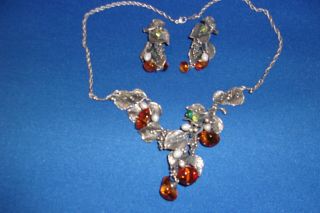 Vintage Sterling Silver Necklace & Earring Set W Pearls And Amber Colored Beads