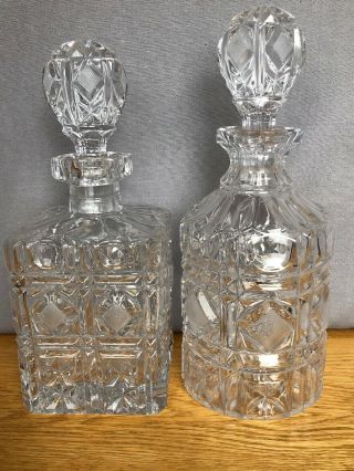 Vintage Pair Crystal Pressed Etched Glass Whiskey/spirits Decanter -