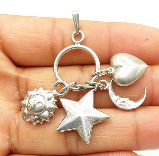 925 Sterling Silver - Vintage Moon Sun Star & Love Heart Charmed Pendant - P7535
