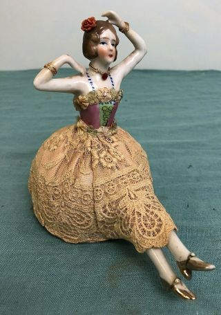 Antique 1/2 Doll Pin Cushion With Legs Germany? Net Lace Dress 6 1/2 " Away Arms