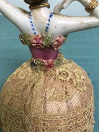 Antique 1/2 doll pin cushion with legs Germany? net lace dress 6 1/2 