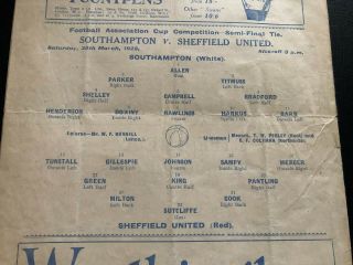1925 FA CUP SEMI FINAL PROGRAMME SOUTHAMPTON V SHEFFIELD UNITED.  ULTRA RARE 2