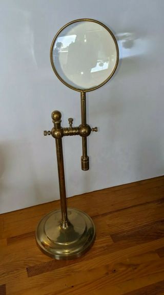 23.  5 " Brass Magnifying Glass On Stand - Nautical - Vintage - Magnifier - Office