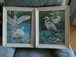Vintage Midcentury Wood Framed Paint By Number Pair Pictures