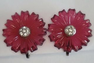 Antique Art Deco Carved Ruby Red Glass Rhinestone Flower Screw Back Earrings