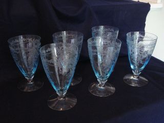 Fostoria Glass Co.  Vtg.  " June Blue " Set 6 White Wine Goblets Glasses 5 1/4 "