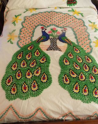 Vintage Double Peacock Chenille Bedspread 83 X 96 Cotton