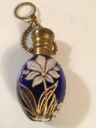 Vintage Cobalt Blue Glass Perfume Bottle Enamel Flowers