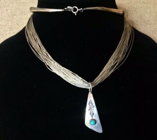 Vintage Native American.  925 Silver Multi - Strand Waterfall Necklace W/ Pendant