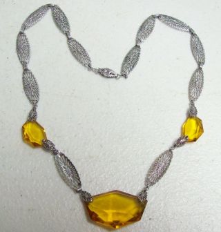 Vintage Art Deco Filigree & Amber Faceted Glass Necklace