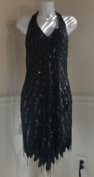 Vtg Oleg Cassini Black Tie Flapper Dress Beads Sequins Sample Only 1 Sz 8 Euc