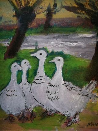 MILTON AVERY - VINTAGE PIECE - SIGNED OIL ON CARD - GEESE - AMERICAN NAIVE 5 OF 5 8